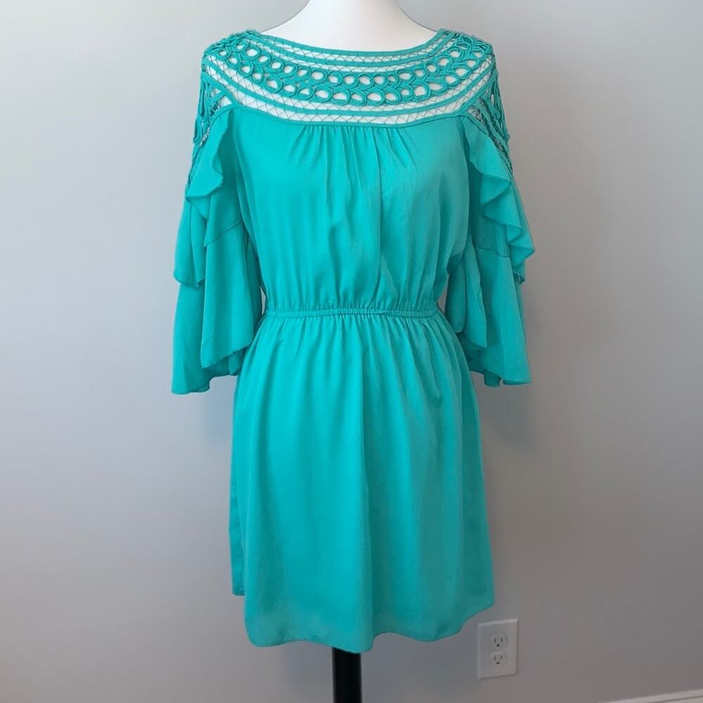 Si Style Turquoise Crochet Ruffle Sleeve Mini Dress Medium